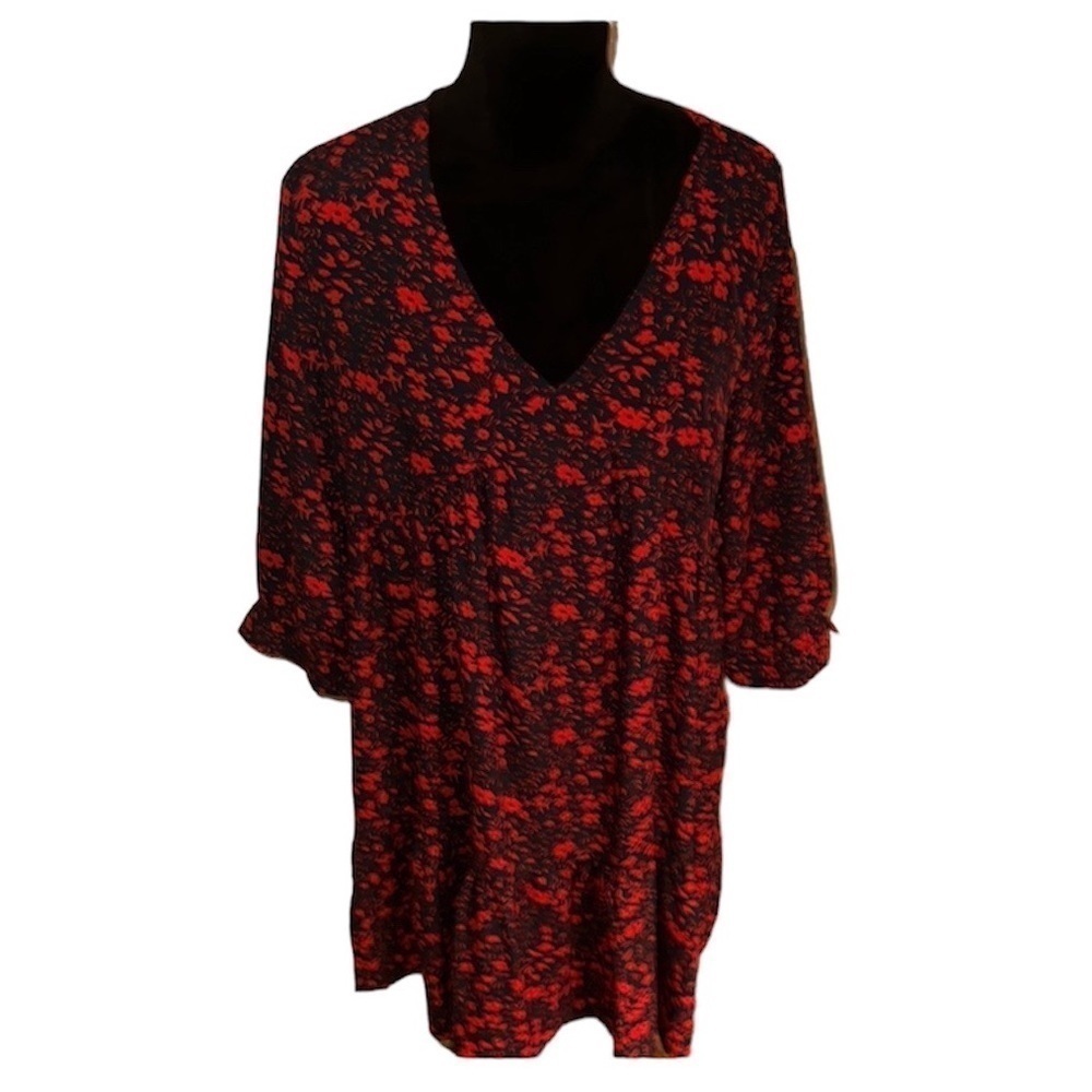 Caramel viscose/silk tiered V neck blue red floral print dress Sz S Boho peasant